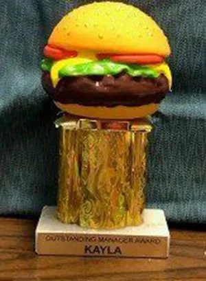 Best Burger Award — rubber hamburger mounted on trophy