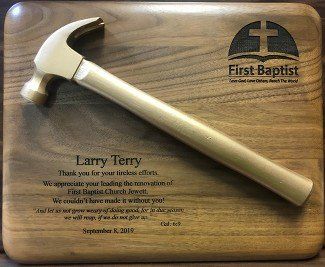 GOLDEN HAMMER AWARD — 10.5" X 13" BOARD — KNON RADIO — FIRST PLACE — CHILI COOK-OFF — GOLDEN LADLE — AWARD — LADLE ON — WOODEN BASE