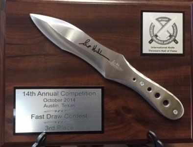 FAST DRAW COMPETITION — KNIFE ON PLAQUE — KNIFE SUPPLIED BY CUSTOMER — LASER ENGRAVED — HAMMER HANDLE