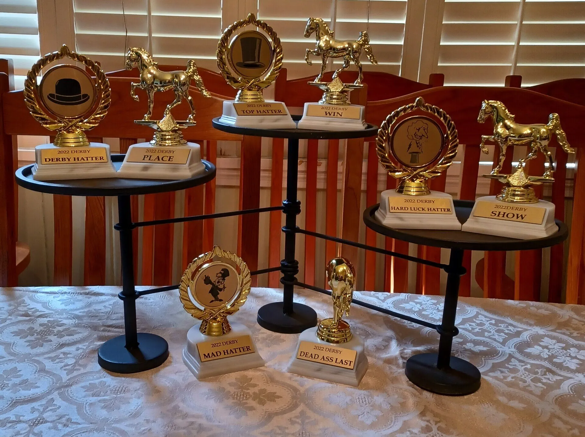 Trophies displayed at a Kentucky Derby party