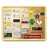 Customized name badges (pin or magnetic back), luggage tags, and equipment tags